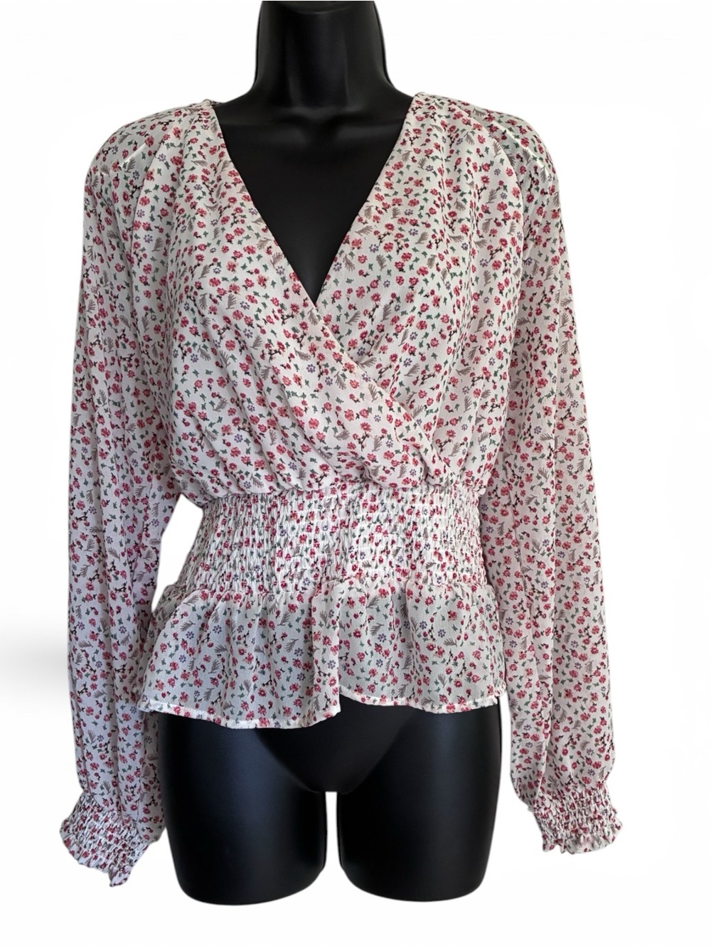 Fairy Whimsygoth Coquette White Coral Ditsy Floral Surplice Peplum Blouse Sz L